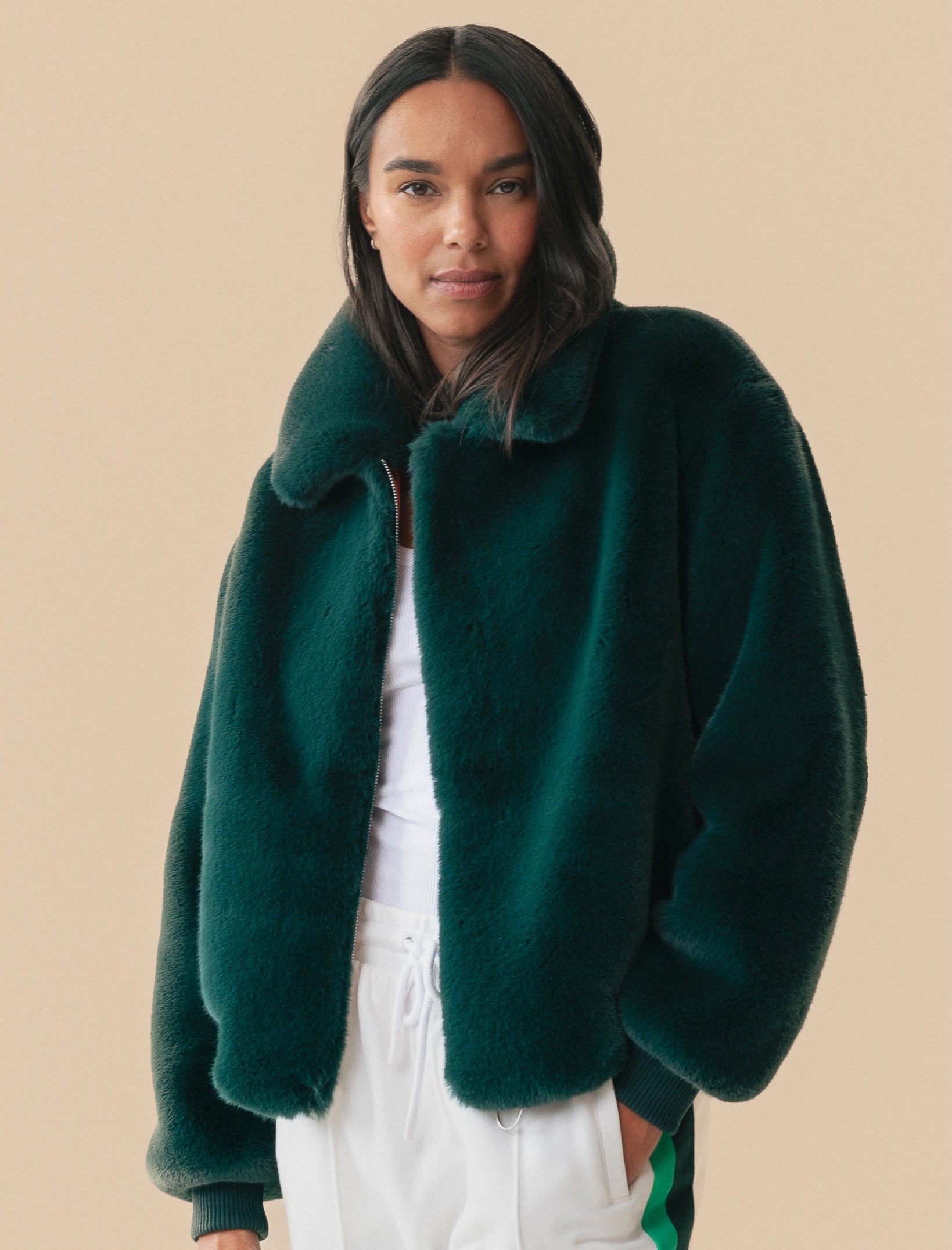 Green faux fur bomber clearance jacket