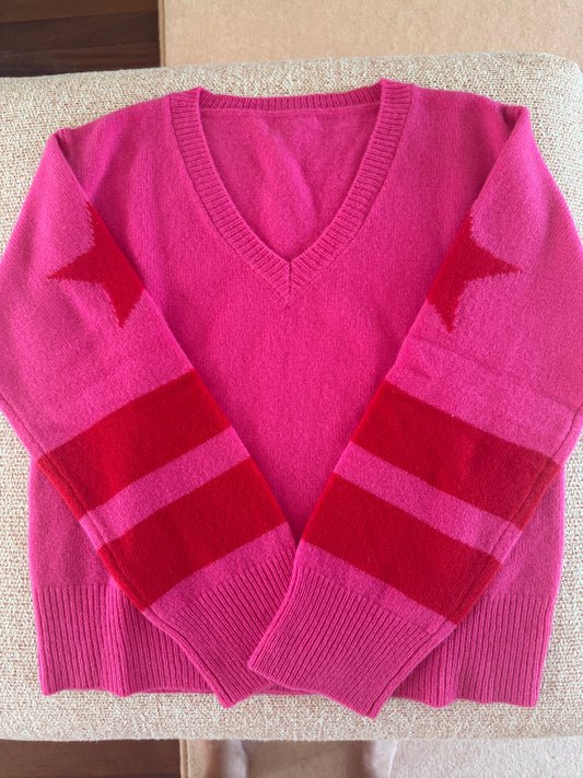 RHONDA VARSITY SWEATER – ELECTRIC PINK