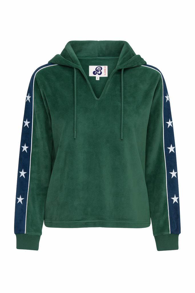 Green hoodie with star patterns on sleeves